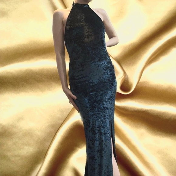 H&M Teal Velvet Halter Backless Dress - Picture 1 of 6
